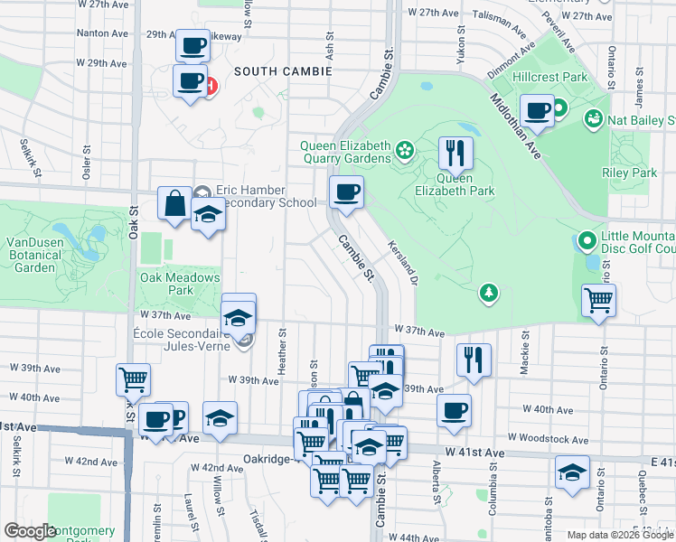 map of restaurants, bars, coffee shops, grocery stores, and more near 5080 Ash Street in Vancouver