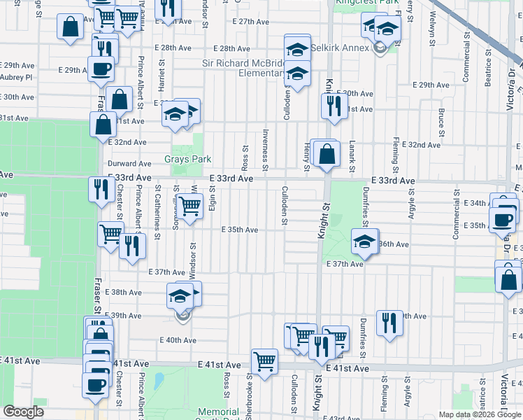 map of restaurants, bars, coffee shops, grocery stores, and more near 5027 Inverness Street in Vancouver