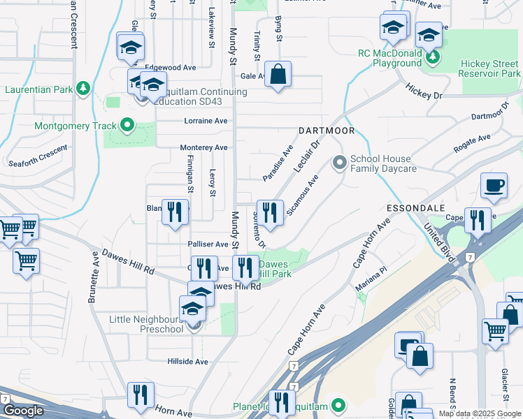 map of restaurants, bars, coffee shops, grocery stores, and more near 2203 Sorrento Drive in Coquitlam