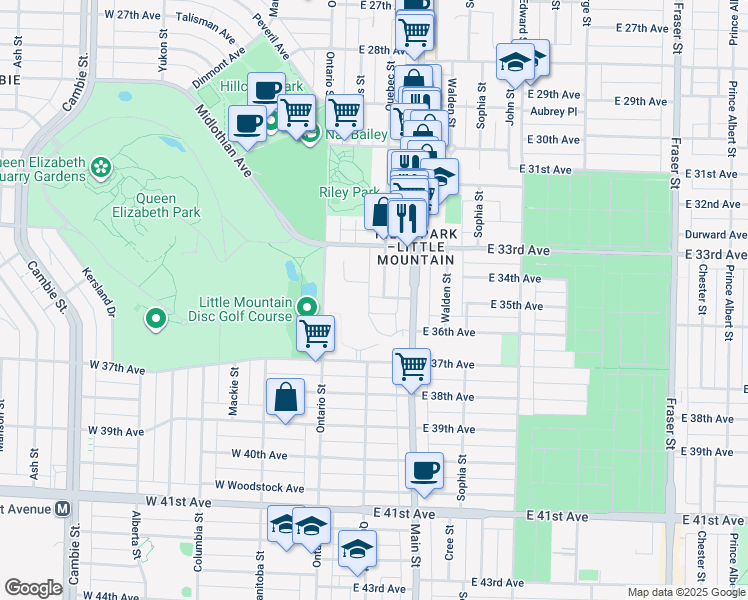 map of restaurants, bars, coffee shops, grocery stores, and more near 108 East 35th Avenue in Vancouver
