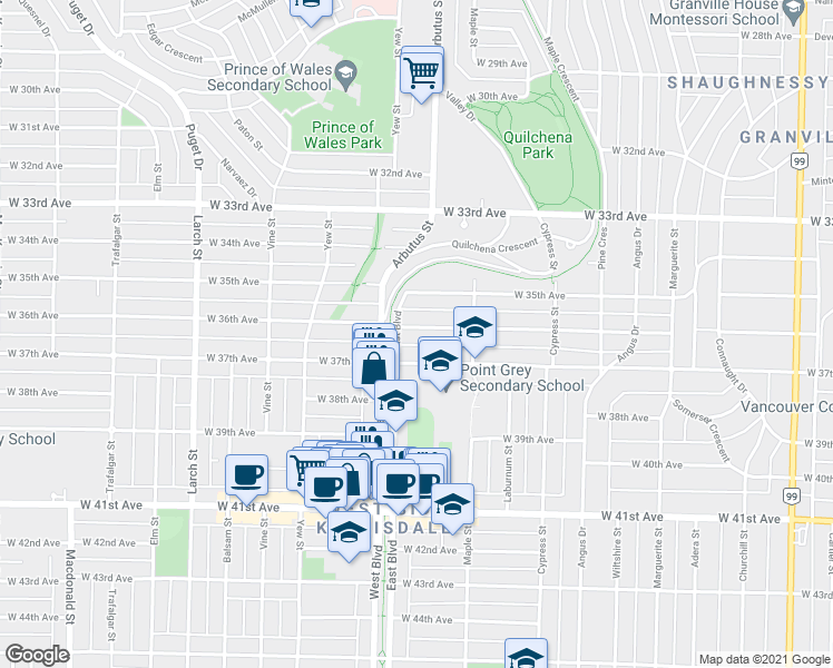 map of restaurants, bars, coffee shops, grocery stores, and more near 2072 West 36th Avenue in Vancouver