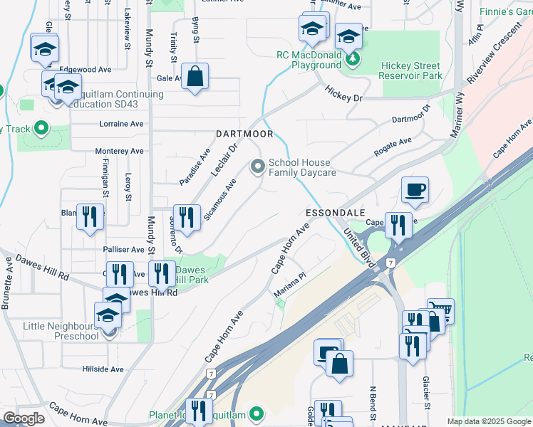 map of restaurants, bars, coffee shops, grocery stores, and more near 2267 Monashee Court in Coquitlam
