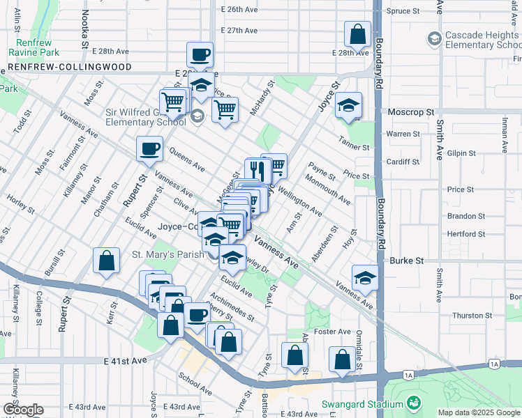 map of restaurants, bars, coffee shops, grocery stores, and more near 5020 Joyce Street in Vancouver
