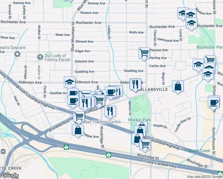 map of restaurants, bars, coffee shops, grocery stores, and more near 221 Lebleu Street in Coquitlam