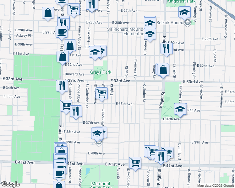 map of restaurants, bars, coffee shops, grocery stores, and more near 5023 Ross Street in Vancouver