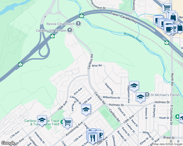 map of restaurants, bars, coffee shops, grocery stores, and more near 7480 Cariboo Road in Burnaby