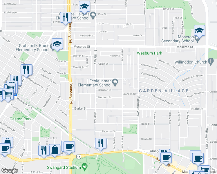 map of restaurants, bars, coffee shops, grocery stores, and more near 3907 Brandon Street in Burnaby
