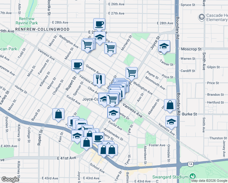 map of restaurants, bars, coffee shops, grocery stores, and more near 3455 Ascot Place in Vancouver