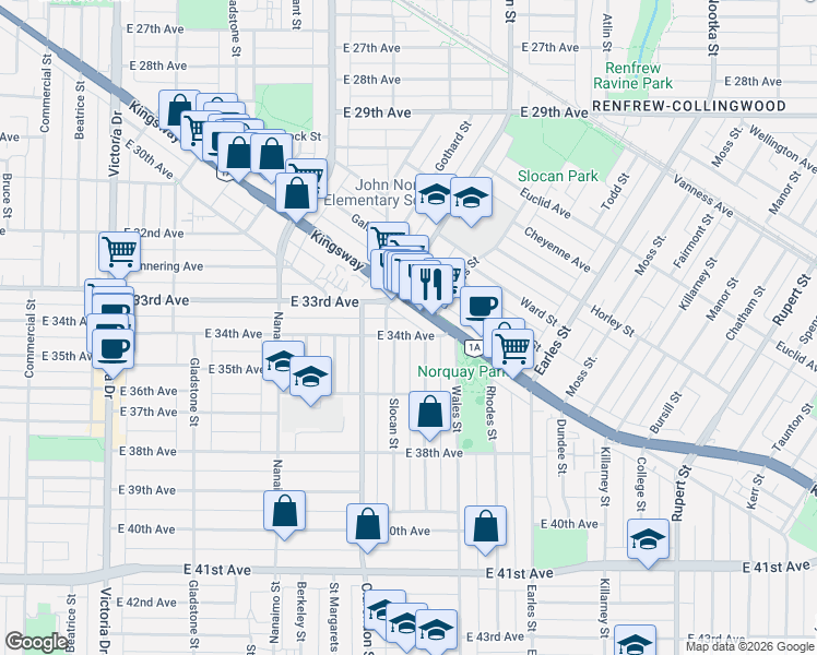 map of restaurants, bars, coffee shops, grocery stores, and more near 2539 East 34th Avenue in Vancouver