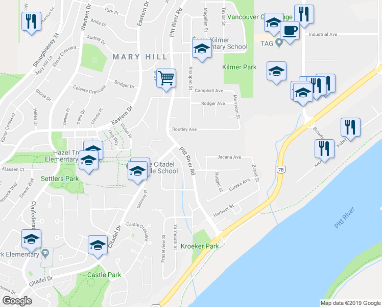 map of restaurants, bars, coffee shops, grocery stores, and more near 1335 Pitt River Road in Port Coquitlam