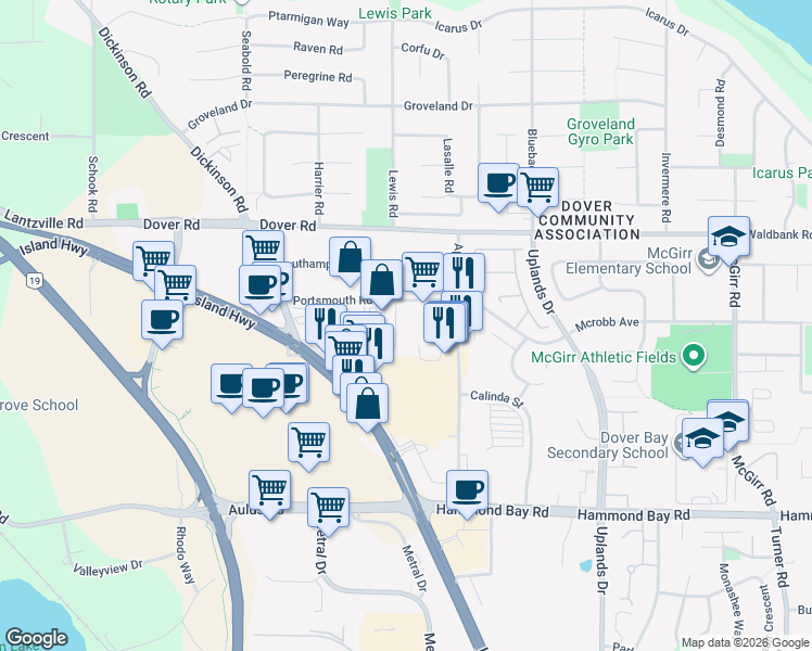 map of restaurants, bars, coffee shops, grocery stores, and more near 6439 Portsmouth Road in Nanaimo