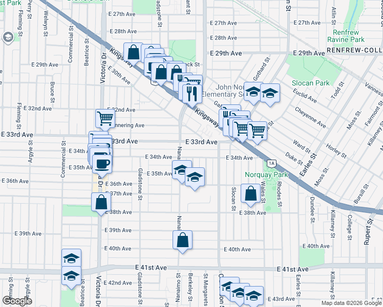 map of restaurants, bars, coffee shops, grocery stores, and more near 2339 East 34th Avenue in Vancouver