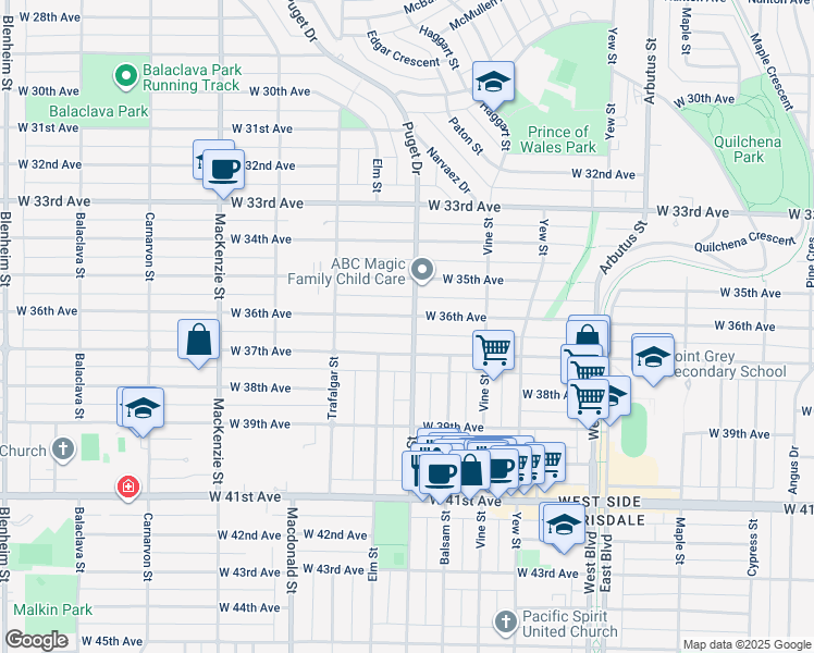 map of restaurants, bars, coffee shops, grocery stores, and more near 2502 West 36th Avenue in Vancouver