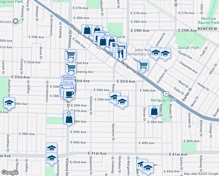 map of restaurants, bars, coffee shops, grocery stores, and more near 2275 East 34th Avenue in Vancouver