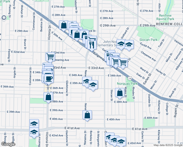 map of restaurants, bars, coffee shops, grocery stores, and more near 2339 East 34th Avenue in Vancouver