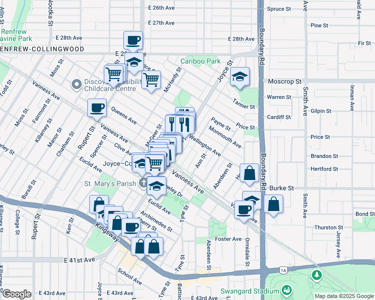 map of restaurants, bars, coffee shops, grocery stores, and more near 5009 Payne Street in Vancouver