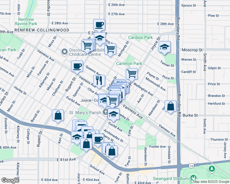 map of restaurants, bars, coffee shops, grocery stores, and more near 3455 Ascot Place in Vancouver