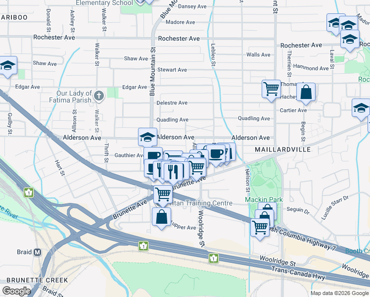 map of restaurants, bars, coffee shops, grocery stores, and more near 935 B Harris Avenue in Coquitlam