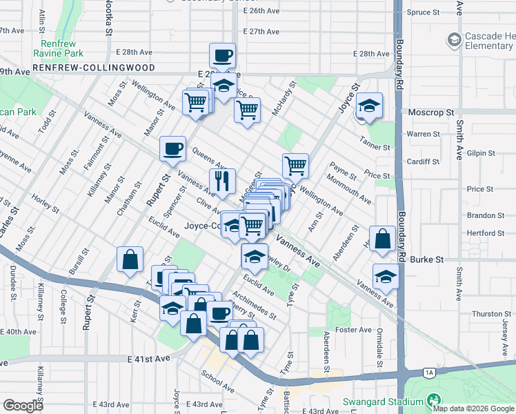 map of restaurants, bars, coffee shops, grocery stores, and more near 3455 Ascot Place in Vancouver