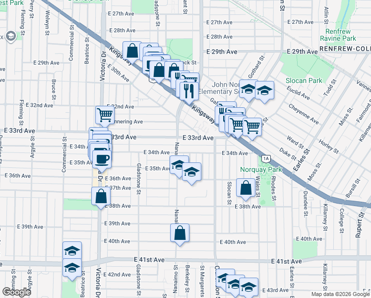 map of restaurants, bars, coffee shops, grocery stores, and more near 2329 East 34th Avenue in Vancouver