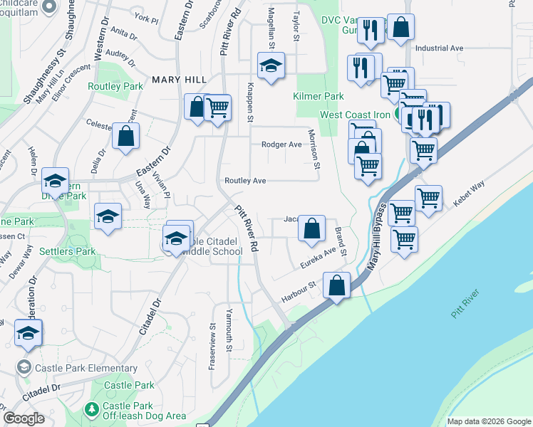 map of restaurants, bars, coffee shops, grocery stores, and more near 1931 Jacana Avenue in Port Coquitlam