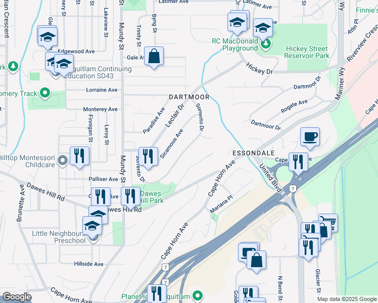 map of restaurants, bars, coffee shops, grocery stores, and more near 2258 Sorrento Drive in Coquitlam
