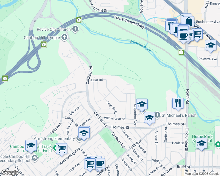map of restaurants, bars, coffee shops, grocery stores, and more near 9091 Briar Road in Burnaby