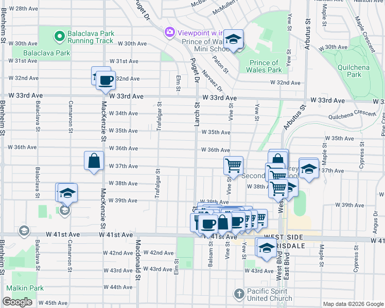 map of restaurants, bars, coffee shops, grocery stores, and more near 2502 West 36th Avenue in Vancouver