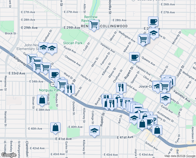 map of restaurants, bars, coffee shops, grocery stores, and more near in Vancouver