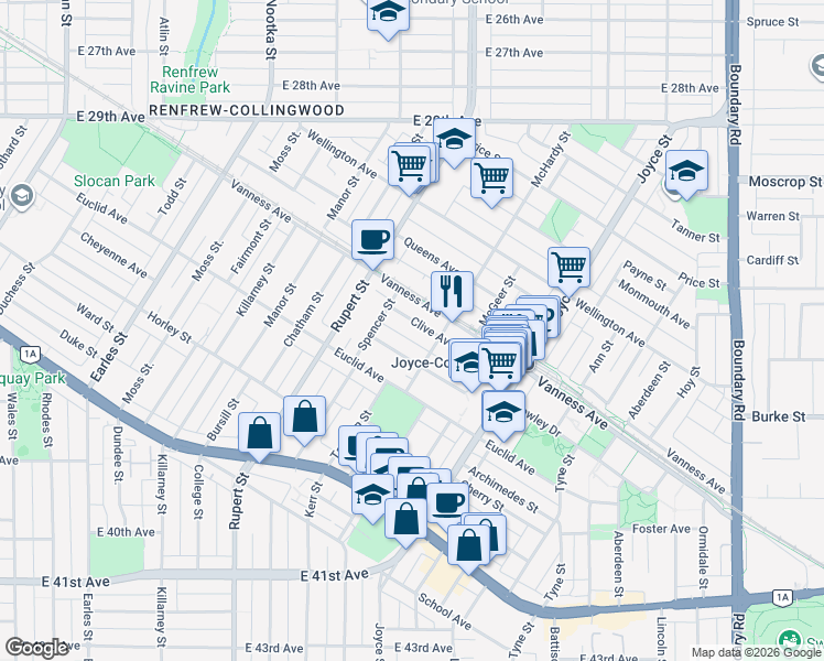 map of restaurants, bars, coffee shops, grocery stores, and more near 3252 Clive Avenue in Vancouver