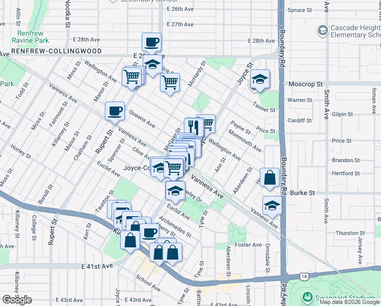 map of restaurants, bars, coffee shops, grocery stores, and more near 5025 Joyce Street in Vancouver