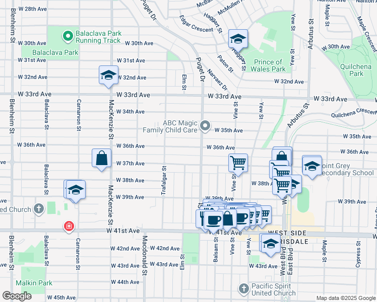 map of restaurants, bars, coffee shops, grocery stores, and more near 2574 West 36th Avenue in Vancouver