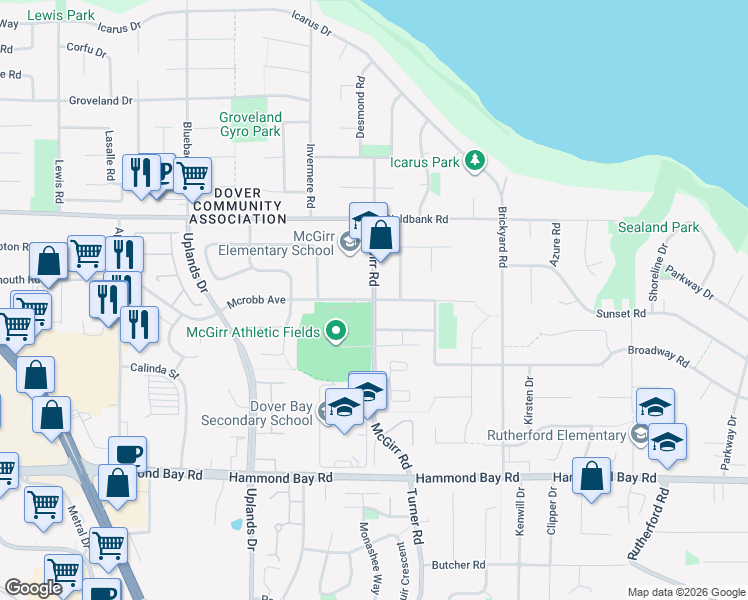 map of restaurants, bars, coffee shops, grocery stores, and more near McGirr Road in Nanaimo