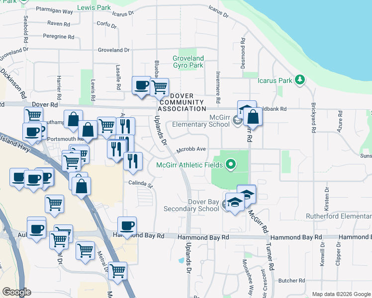 map of restaurants, bars, coffee shops, grocery stores, and more near Mcrobb Avenue in Nanaimo