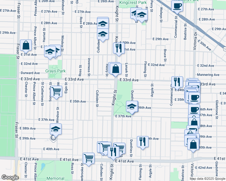 map of restaurants, bars, coffee shops, grocery stores, and more near 1396 East 34th Avenue in Vancouver