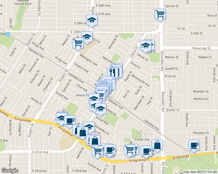 map of restaurants, bars, coffee shops, grocery stores, and more near 5035 Joyce Street in Vancouver