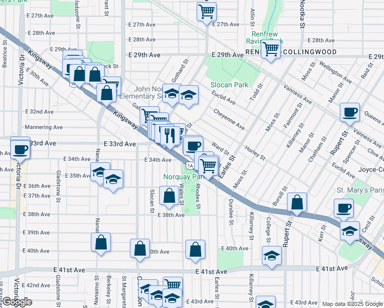 map of restaurants, bars, coffee shops, grocery stores, and more near in Vancouver