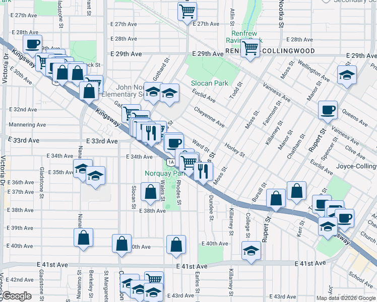map of restaurants, bars, coffee shops, grocery stores, and more near 2719 Duke Street in Vancouver