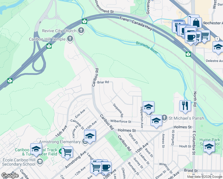 map of restaurants, bars, coffee shops, grocery stores, and more near 9072 Briar Road in Burnaby
