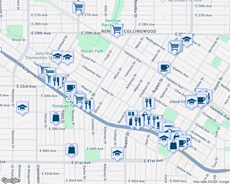 map of restaurants, bars, coffee shops, grocery stores, and more near 2965 Horley Street in Vancouver