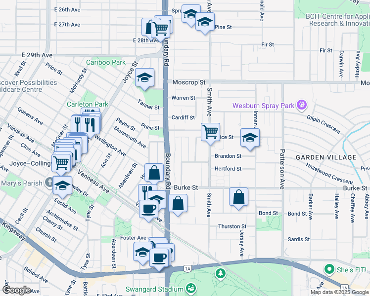 map of restaurants, bars, coffee shops, grocery stores, and more near 5010 Lorraine Avenue in Burnaby
