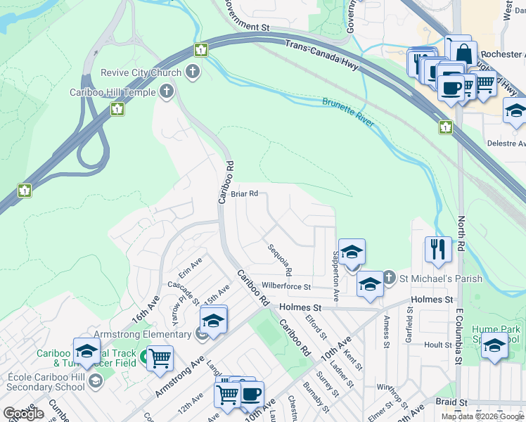 map of restaurants, bars, coffee shops, grocery stores, and more near 9091 Briar Road in Burnaby