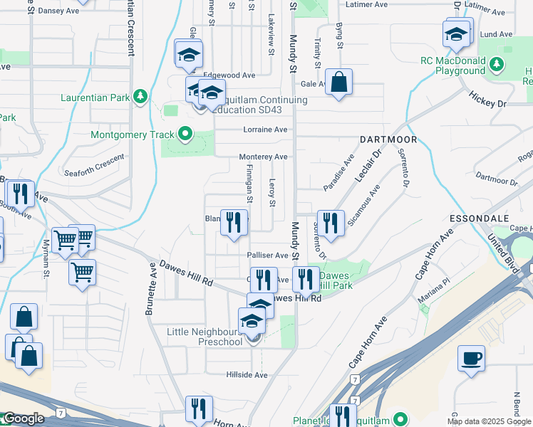 map of restaurants, bars, coffee shops, grocery stores, and more near 300 Leroy Street in Coquitlam
