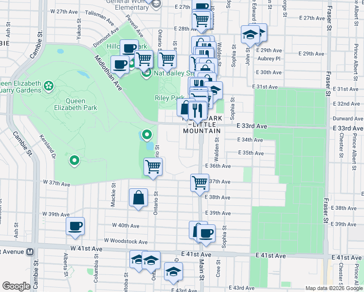 map of restaurants, bars, coffee shops, grocery stores, and more near 5089 Quebec Street in Vancouver