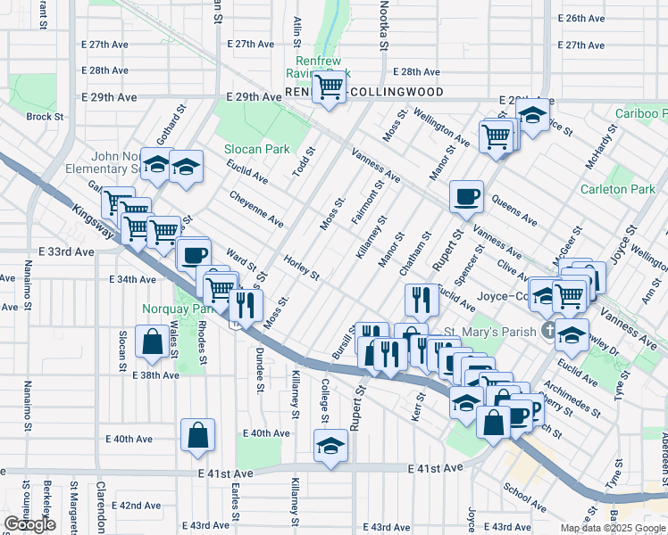 map of restaurants, bars, coffee shops, grocery stores, and more near Fairmont Street in Vancouver