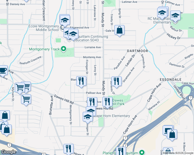 map of restaurants, bars, coffee shops, grocery stores, and more near 295 Leroy Street in Coquitlam