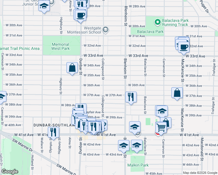 map of restaurants, bars, coffee shops, grocery stores, and more near 3456 West 36th Avenue in Vancouver