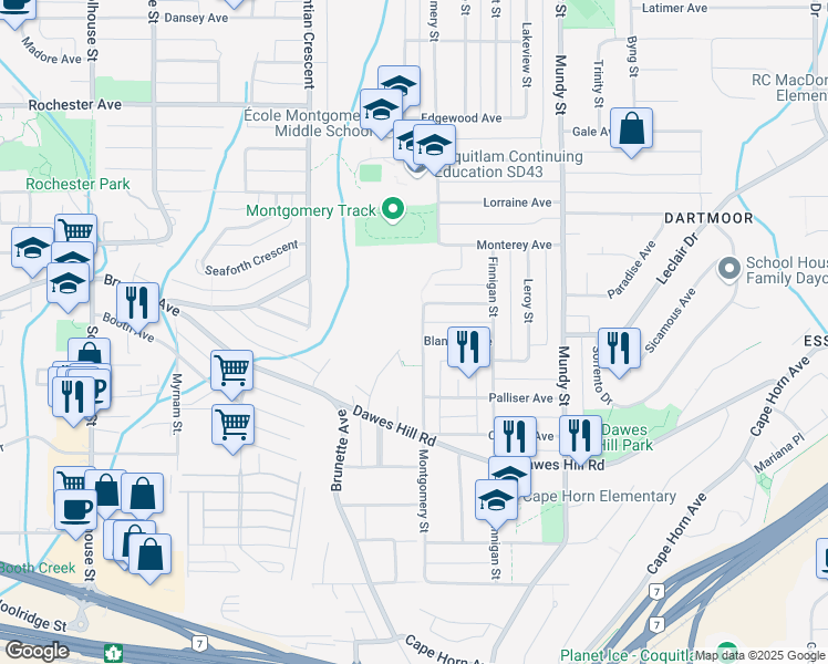 map of restaurants, bars, coffee shops, grocery stores, and more near 290 Montgomery Street in Coquitlam