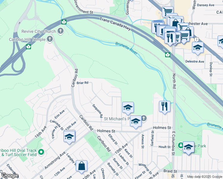 map of restaurants, bars, coffee shops, grocery stores, and more near 9152 Klenner Drive in Burnaby