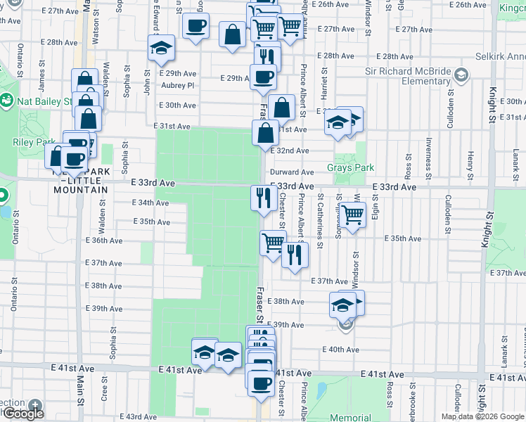map of restaurants, bars, coffee shops, grocery stores, and more near 5006 Fraser Street in Vancouver
